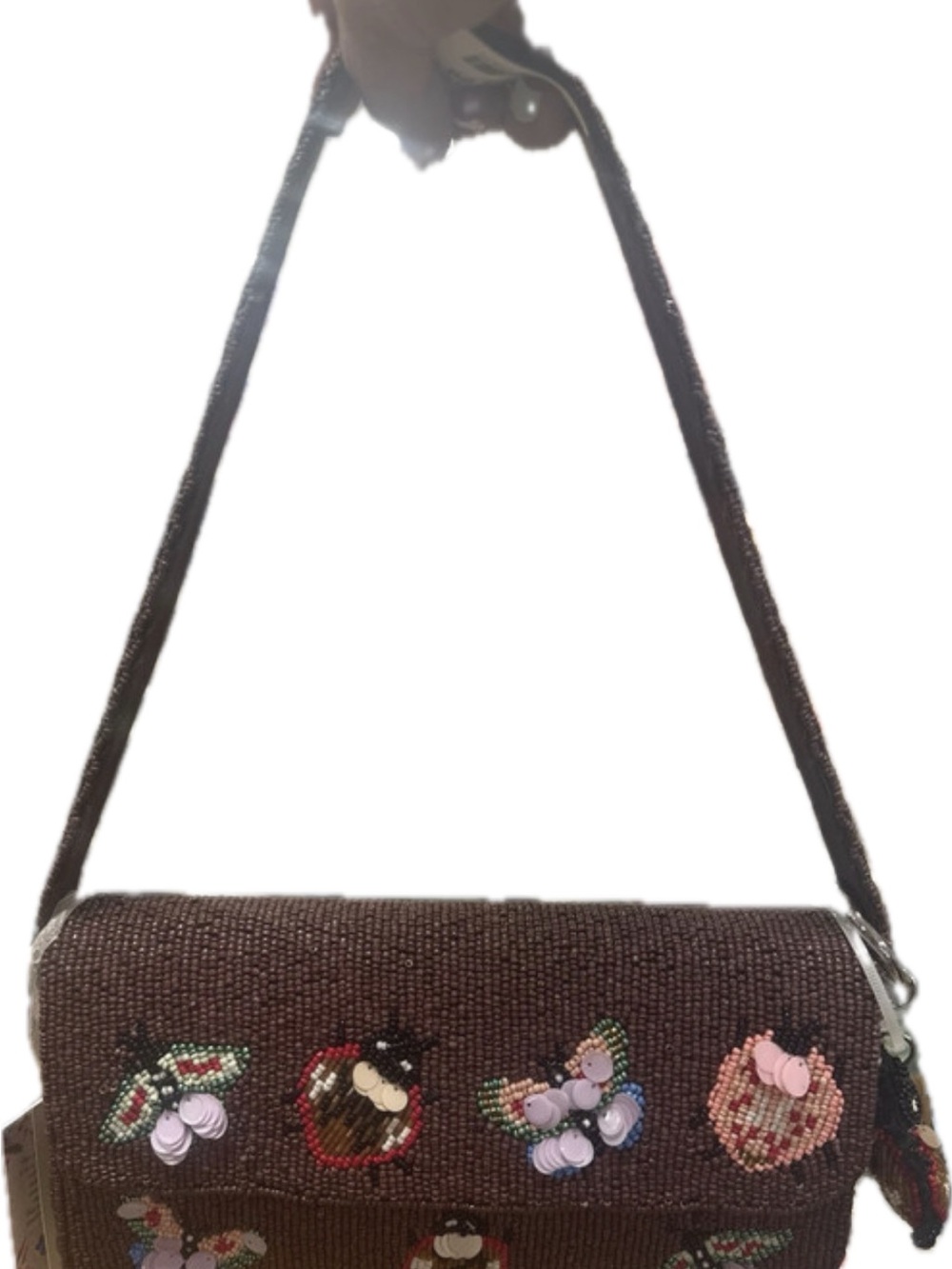 Brown Beaded Floral Appliqué Shoulder Bag